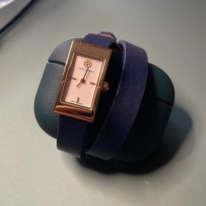 Tory Burch TRB2008 Buddy Signature Double Wrap Navy Leather Strap Watch